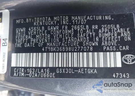2008 Toyota Avalon Xls from USA, damaged, VIN 4T1BK36B98U277078